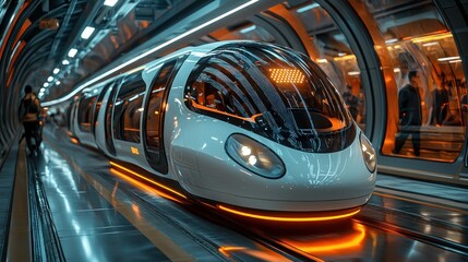 Futuristic high-speed train arriving at a modern station.
