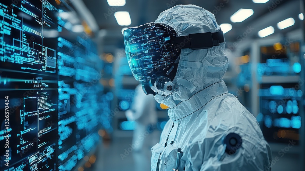 Aufkleber scientist in protective suit using augmented reality glasses to analyze data on large screens in a f