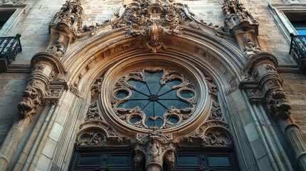 Obraz premium Ornate architectural facade with intricate stone carvings and circular window