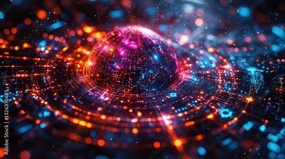 Poster abstract glowing sphere with digital connections and particles.