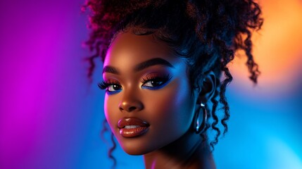 Obraz premium Stunning portrait of a beautiful woman with vibrant makeup and glowing skin