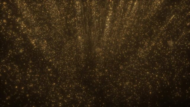 4K Gold Explosion effect. Festive Fireworks. Isolated on black background. Floating golden sparkles. Glowing Particles. Overlay. 60 fps