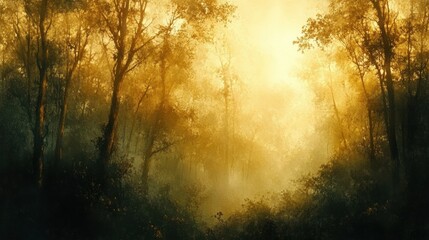 Fototapeta premium Enchanting golden forest with sunlit canopy and lush foliage