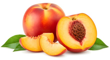 peaches with leaves isolated isolated on white background