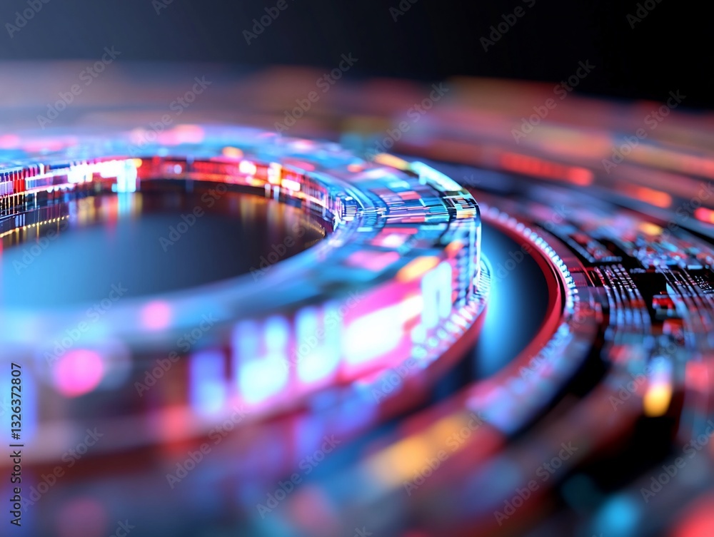 Poster glowing circular tech hud element on dark background, digital interface