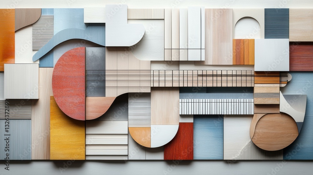 Poster abstract geometric composition with layered wooden shapes in various colors and textures, creating v