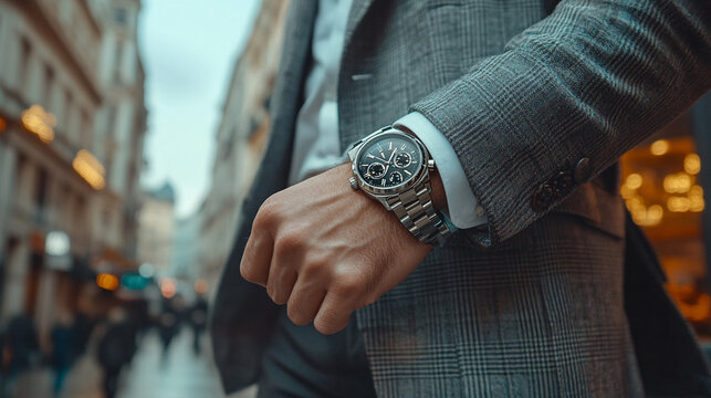 Stylish man checks watch in busy city street