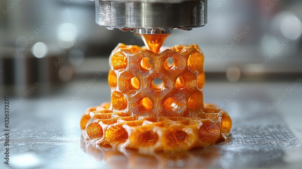 Poster 3d printer creating honeycomb structure.