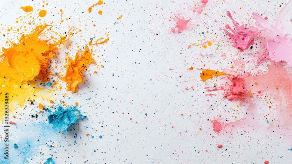 Poster abstract vibrant paint splashes on white canvas, dynamic and colorful design elements for creative p
