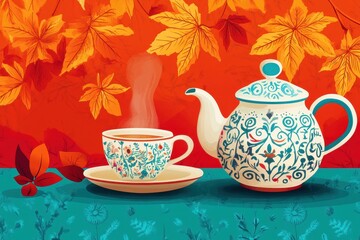 Charming Teapot and Cup with Autumn Leaves in Vibrant Colors