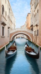 A charming Venetian canal with gondolas floating under a historic stone bridge