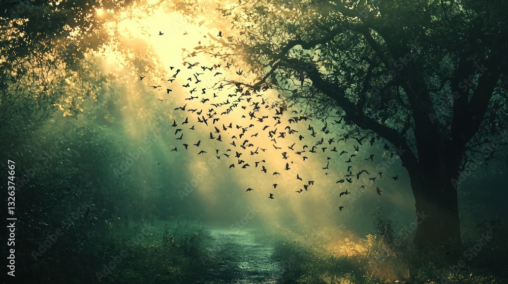 Aufkleber sunlit misty forest path with flock of birds flying near a large tree.