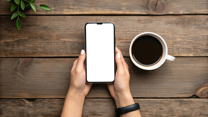 Top view of hands holding smartphone and coffee on wooden table, digital lifestyle, social media, communication, remote work, technology.