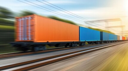 Obraz premium Freight train loaded with shipping containers moving through an industrial zone.