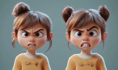 two angry girls with a squint look with bun hairstyles.