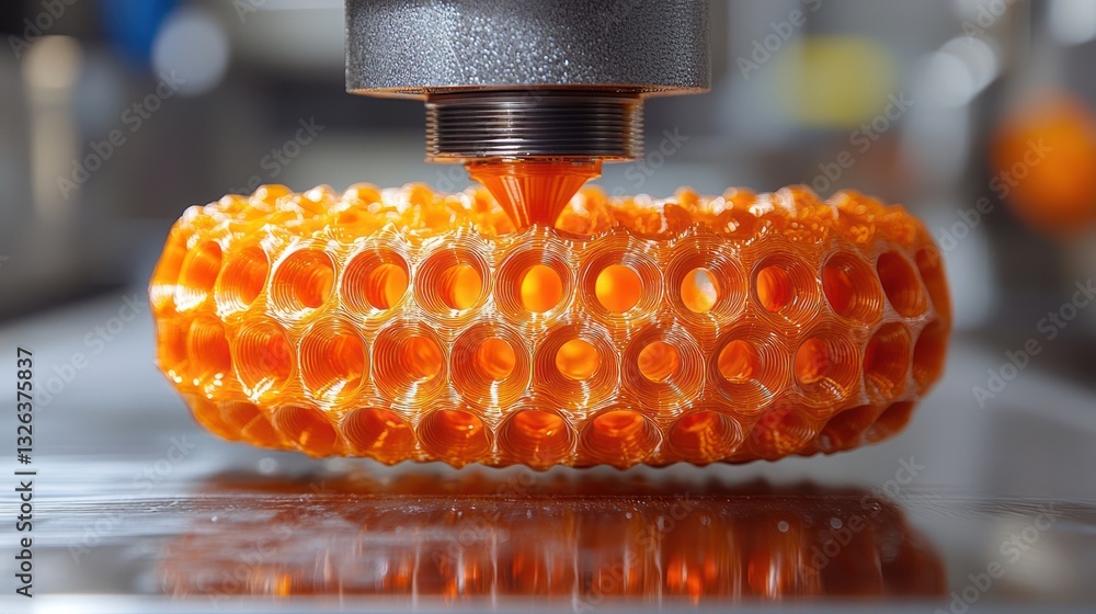 Poster 3d printer nozzle depositing orange filament, creating honeycomb lattice structure.