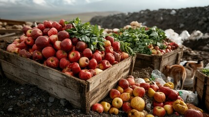 This captivating image showcases vibrant red apples piled high in rustic wooden crates, surrounded by fresh greens, epitomizing a fruitful harvest in a beautiful natural landscape.