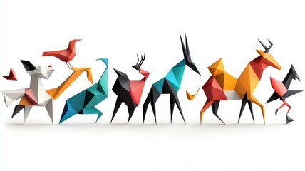 Colorful geometric origami animals on a white background, showcasing artistic creativity in modern design.