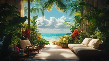 Fototapeta premium Tropical beach paradise with lush greenery and ocean view from cozy lounge area
