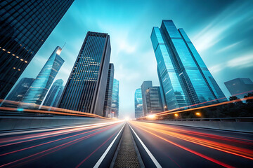 Obraz premium Futuristic cityscape with motion blur, fast highway traffic at night, modern urban skyline, smart city, speed, technology, transportation.