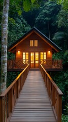 A luxurious treehouse nestled high in a rainforest canopy with a wooden bridge leading to it