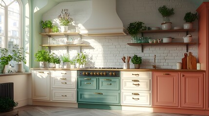 Sunny kitchen with plants and colorful cabinets