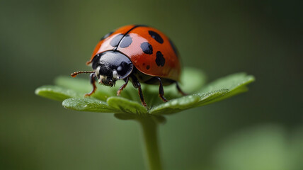 Fototapeta premium A ladybug perched on top of a rare four-leaf clover, ideal for illustrations and designs related to nature, good fortune,
