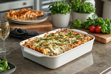 Baked Lasagna with Fresh Herbs and Vegetables on Kitchen Table
