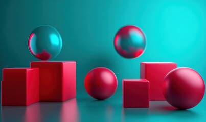 Red cubes, spheres on turquoise backdrop, abstract 3D render, design element