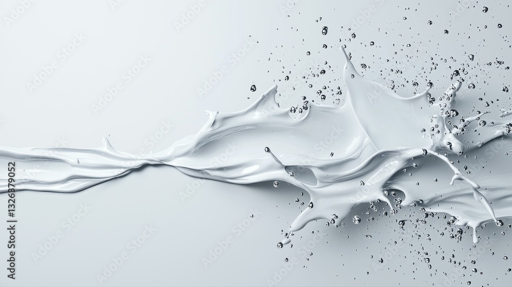 Poster dynamic splash of white liquid on a gray background, capturing motion and fluidity in a minimalist d
