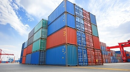 Stacked colorful shipping containers at a busy industrial port.