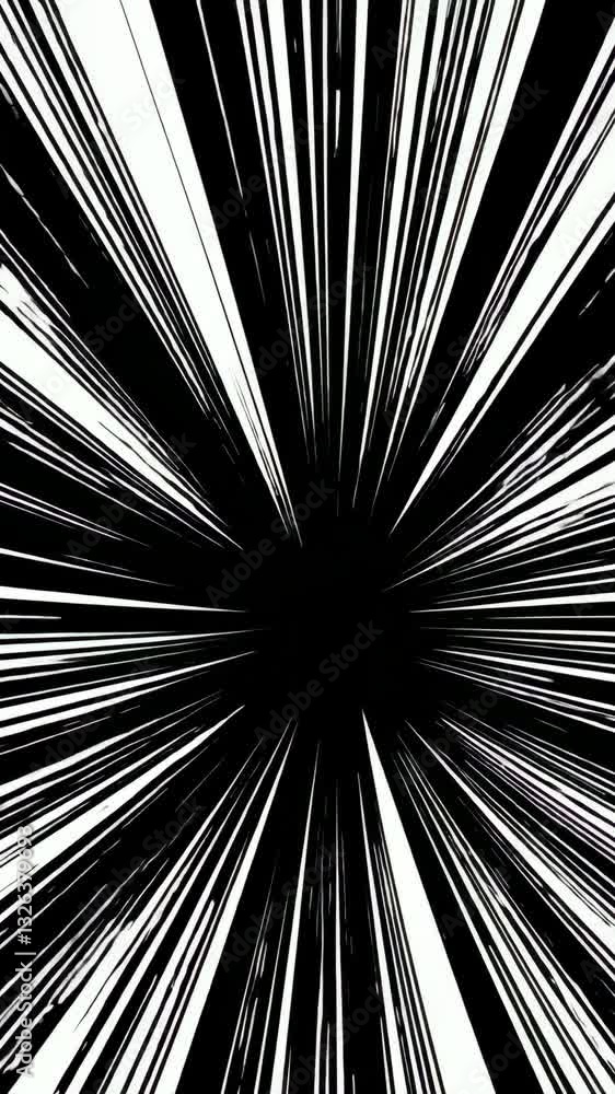 Poster dynamic black and white radial burst pattern creating energetic illusion of motion and speed