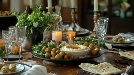 Elegant Mediterranean Dinner Table Setting with Hummus, Olives, and Pita Bread