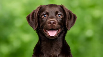 Fototapeta premium Adorable chocolate lab puppy with open mouth, cheerful expression against a blurred green background