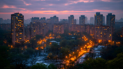 Obraz premium Cityscape at dawn, illuminated buildings, park