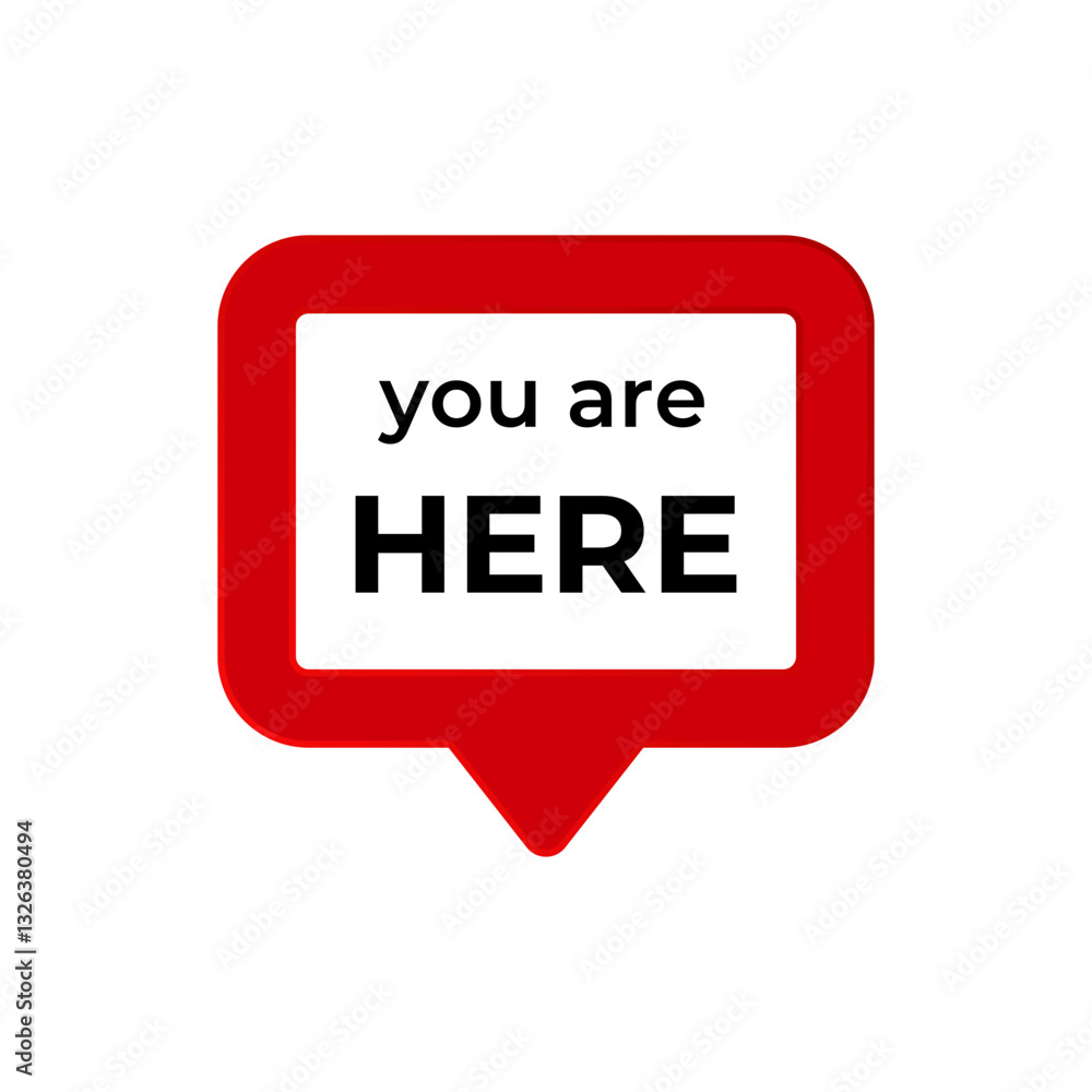 Poster a bold black here text inside a red map pin icon emphasizing location focused design.
