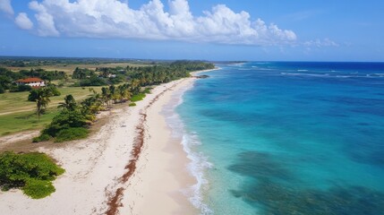 Aerial view of a serene beach with turquoise waters, white sand, palm trees, and lush vegetation under a partly cloudy blue sky
