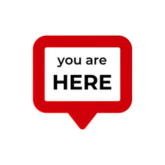 A bold black here text inside a red map pin icon emphasizing location focused design.