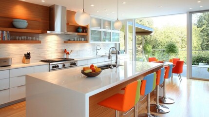 In a bright and airy kitchen, a modern island showcases a waterfall edge and a sleek induction cooktop. Colorful barstools provide seating, complemented by open shelving and a vibrant atmosphere