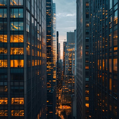 Cityscape at dusk, illuminated office towers
