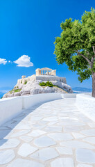 Fototapeta premium Ancient Greek temple on a hilltop, overlooking the sea, with a white path