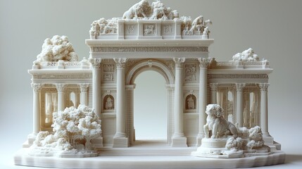 Naklejka premium Architectural model of triumphal arch with lions and sculpted details.