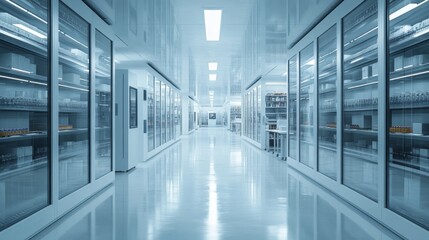 Fototapeta premium Inside a cutting-edge microchip production facility, sleek automated storage and retrieval systems optimize the workflow, ensuring precise handling of materials in a controlled environment