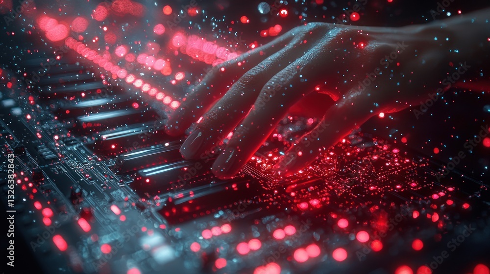 Poster hand playing futuristic synth keyboard with red lights.