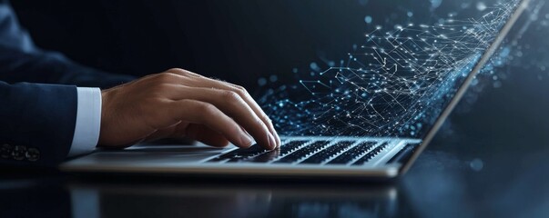 Person typing on a laptop with digital data flowing from screen