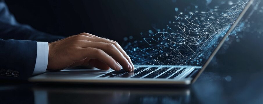 Person typing on a laptop with digital data flowing from screen