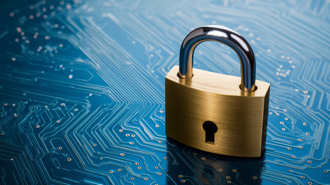 close up shot of shiny gold padlock resting on blue circuit board, symbolizing security and technology
