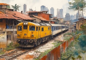 Fototapeta premium Yellow Train on Urban Railway with Red Roof Houses