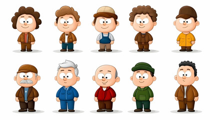Cartoon characters of various professions and ages.  Diverse men, from children to elderly