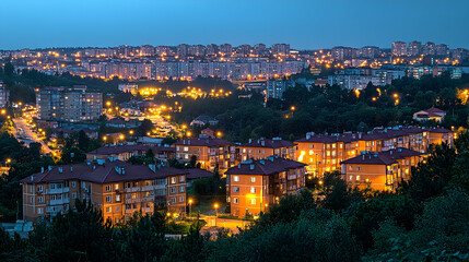 Obraz premium Cityscape at twilight, illuminated buildings